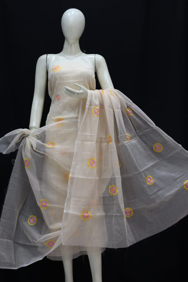 Kota Doria Cotton 3 pc Salwar Suit - Embroidery - Leheriya