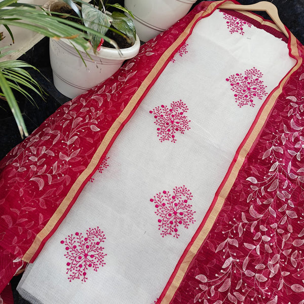 Kota Doria Cotton 3 pc Salwar Suit - Embroidery Pink Color - Leheriya