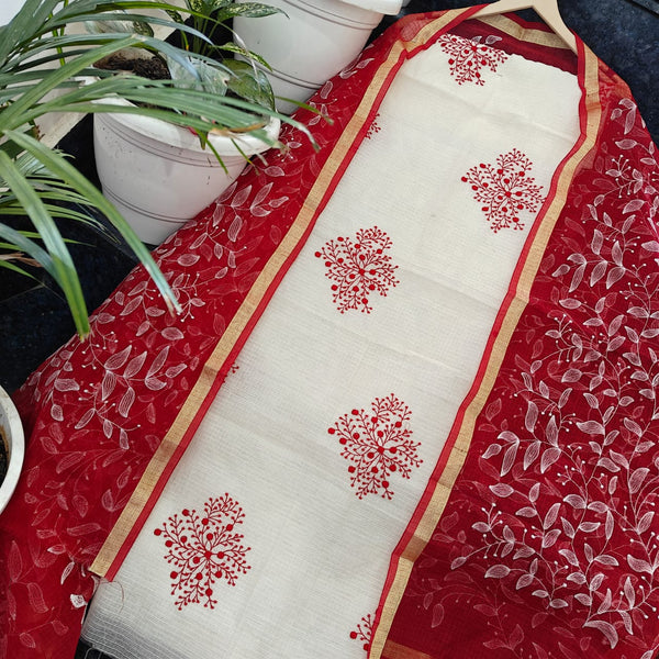 Kota Doria Cotton 3 pc Salwar Suit - Embroidery Red Color - Leheriya