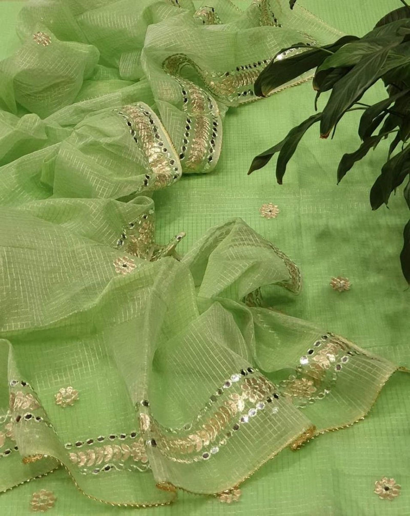Kota Doria Cotton 3 pc Salwar Suit - Gota Patti - Leheriya
