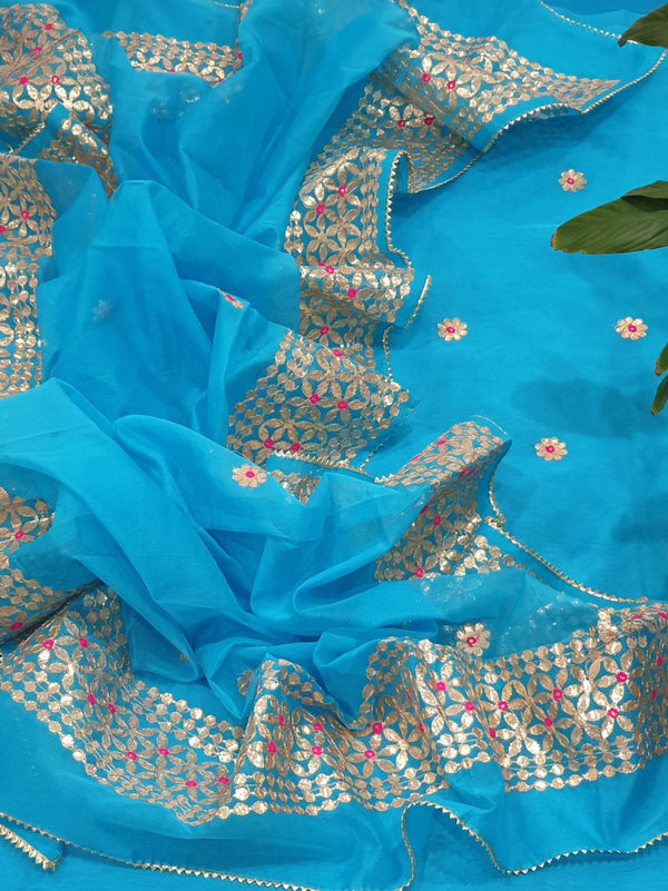 Kota Doria Cotton 3 pc Unstitched Salwar Suit - Gota Patti - Leheriya