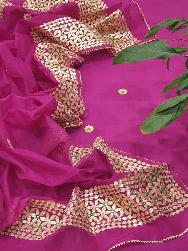 Kota Doria Cotton 3 pc Unstitched Salwar Suit - Gota Patti - Leheriya