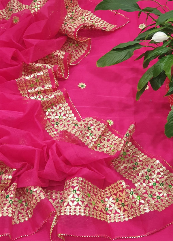 Kota Doria Cotton 3 pc Unstitched Salwar Suit - Gota Patti - Leheriya