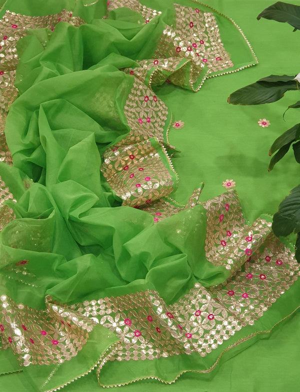 Kota Doria Cotton 3 pc Unstitched Salwar Suit - Gota Patti - Leheriya