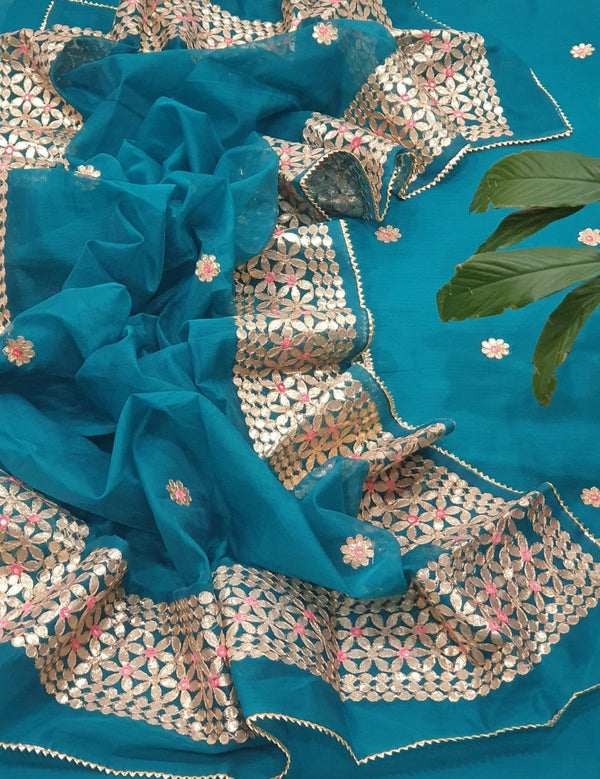 Kota Doria Cotton 3 pc Unstitched Salwar Suit - Gota Patti - Leheriya