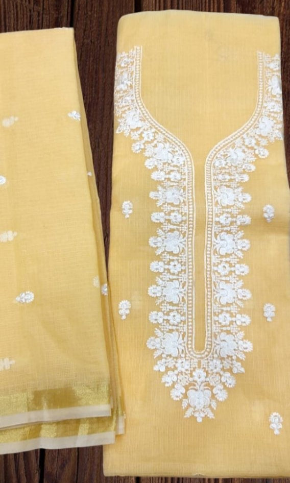Kota Doria Cotton Embroidery Salwar Suit | Yellow | - Leheriya