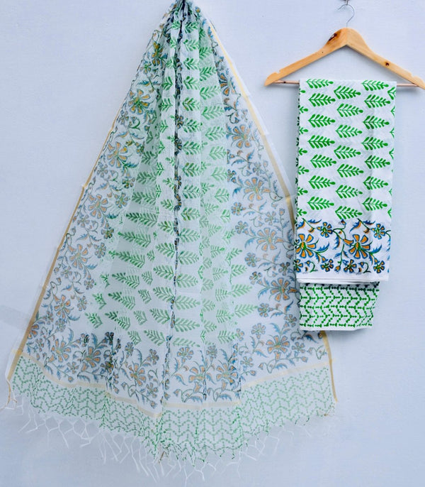 Kota Doria Cotton Hand Block Print Salwar Suit - Leheriya