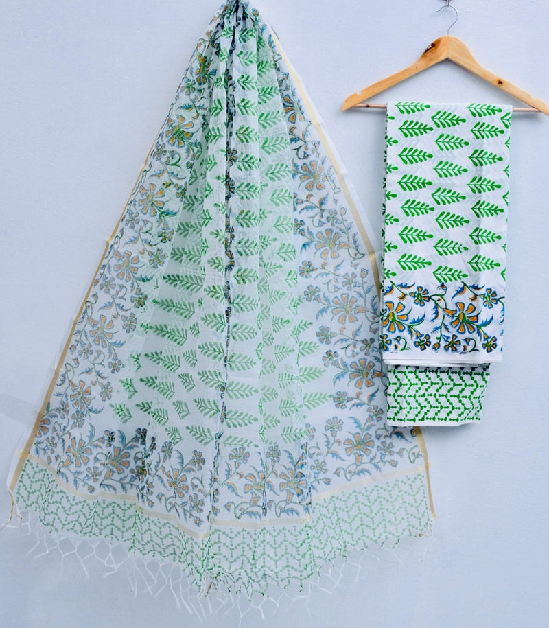 Kota Doria Cotton Hand Block Print Salwar Suit - Leheriya