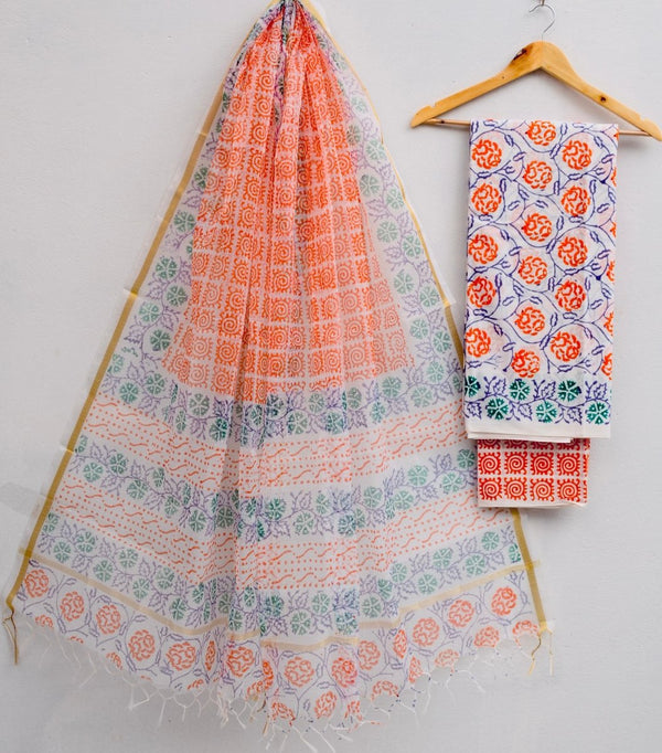 Kota Doria Cotton Hand Block Print Salwar Suit - Leheriya