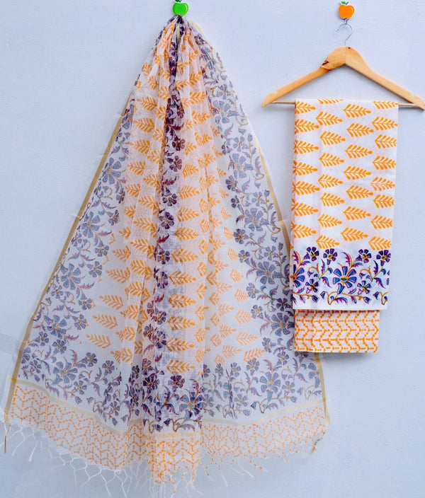 Kota Doria Cotton Hand Block Print Salwar Suit - Leheriya