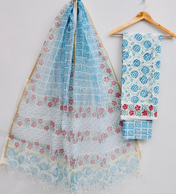 Kota Doria Cotton Hand Block Print Salwar Suit - Leheriya