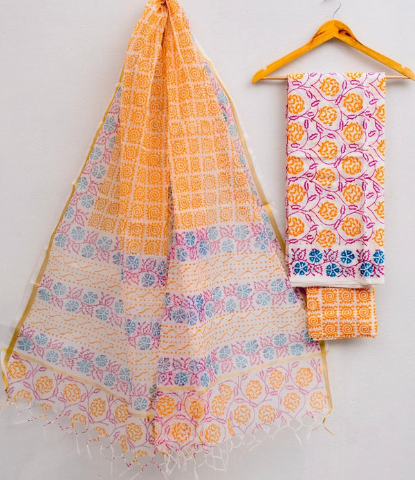 Kota Doria Cotton Hand Block Print Salwar Suit - Leheriya