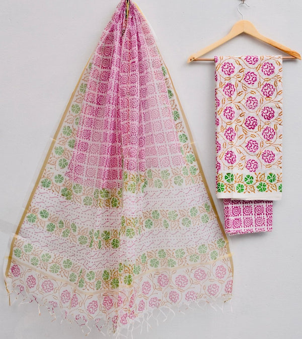 Kota Doria Cotton Hand Block Print Salwar Suit - Leheriya