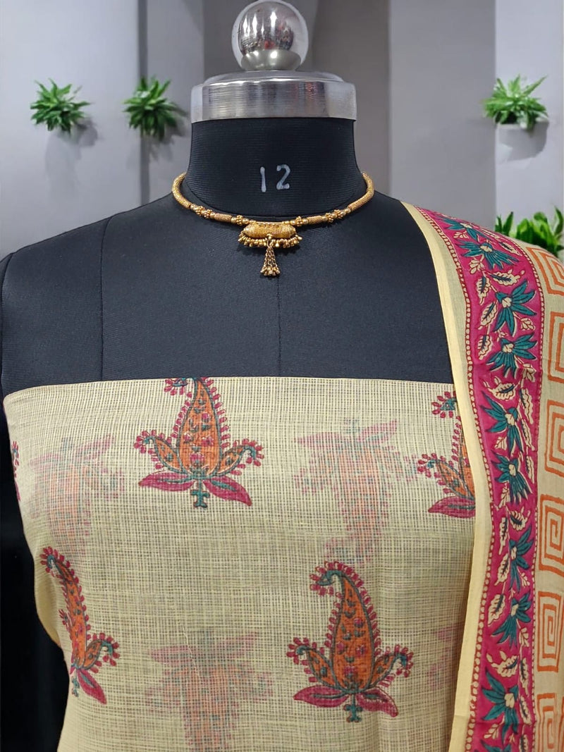 Kota Doria Cotton Hand Block Printed 2 pc Dress Material with Cotton Dupatta - Leheriya