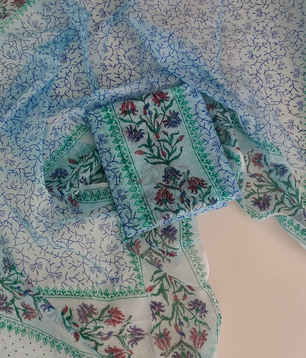 Kota Doria Cotton Hand Block Printed 3 pc Salwar Suit - Leheriya