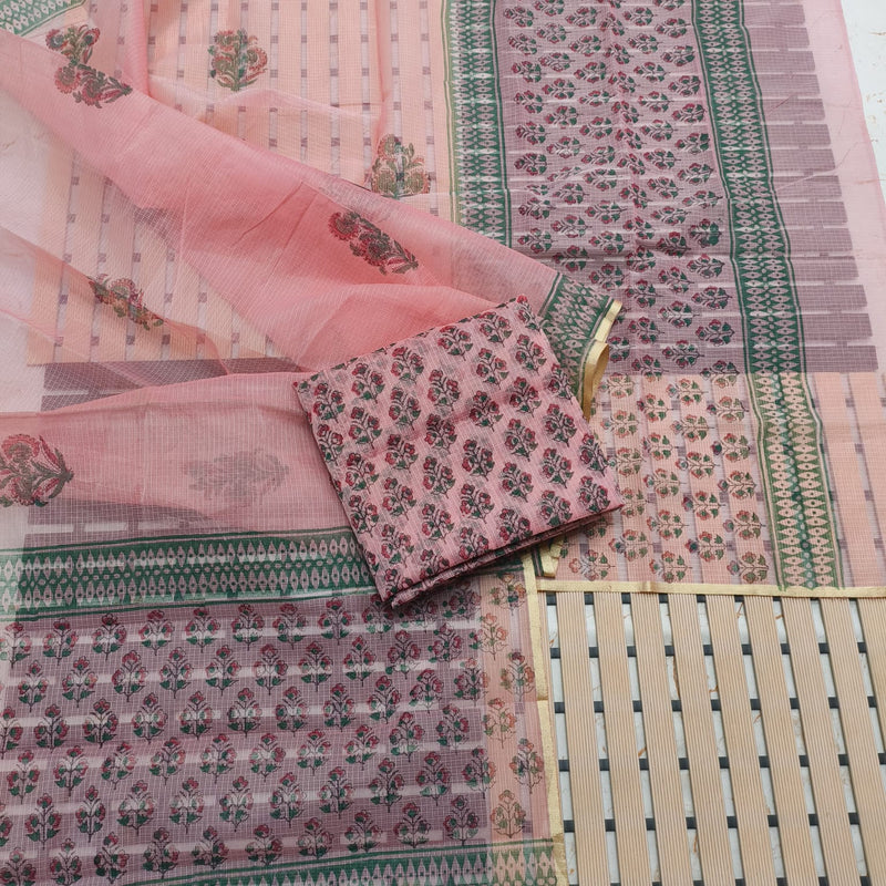Kota Doria Cotton Hand Block Printed 3 pc Salwar Suit - Leheriya