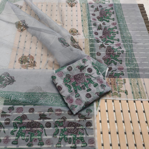 Kota Doria Cotton Hand Block Printed 3 pc Salwar Suit - Leheriya