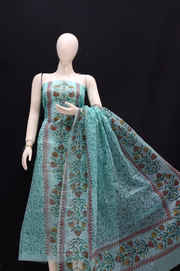 Kota Doria Cotton Hand Block Printed 3 pc Salwar Suit - Leheriya