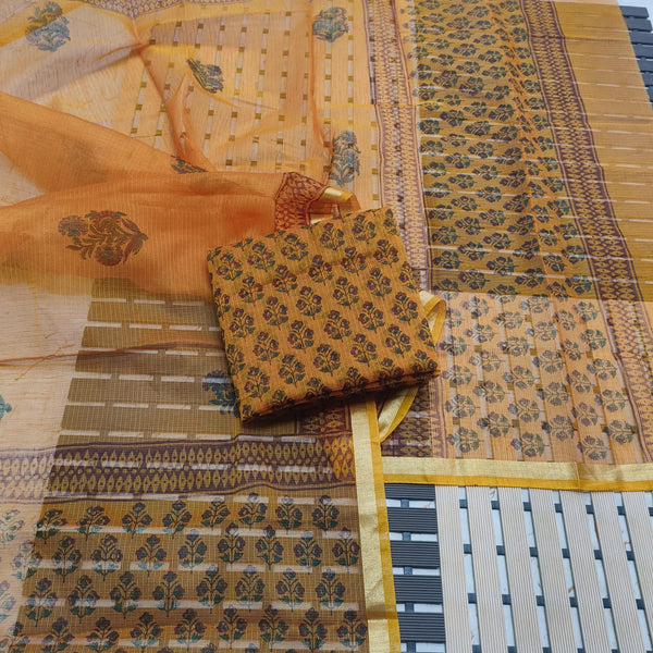 Kota Doria Cotton Hand Block Printed 3 pc Salwar Suit - Leheriya