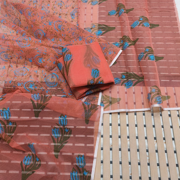 Kota Doria Cotton Hand Block Printed 3 pc Salwar Suit - Leheriya