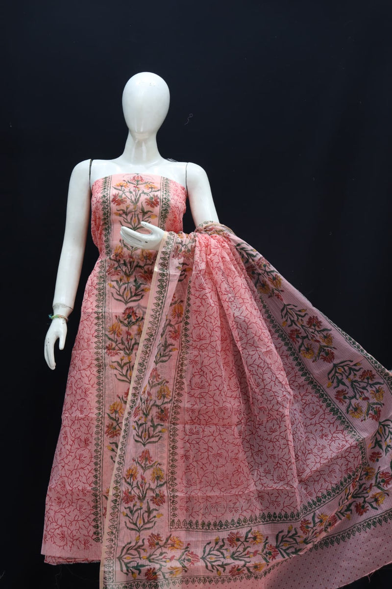 Kota Doria Cotton Hand Block Printed 3 pc Salwar Suit - Leheriya