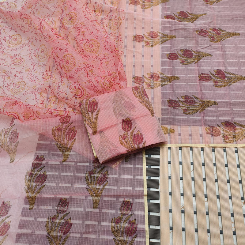 Kota Doria Cotton Hand Block Printed 3 pc Salwar Suit - Leheriya