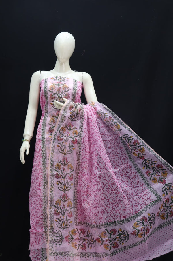 Kota Doria Cotton Hand Block Printed 3 pc Salwar Suit - Leheriya