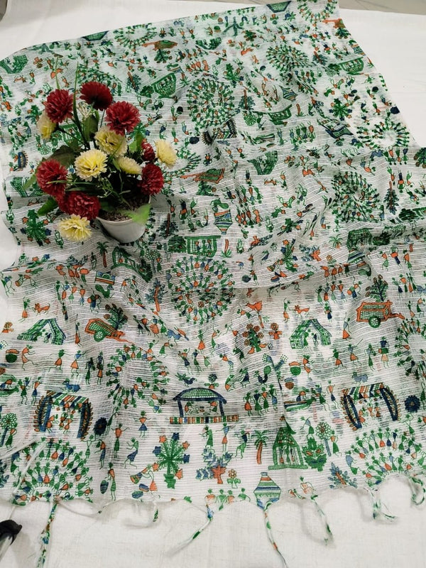 Kota Doria Cotton Madhubani Screen Printed Dupatta - Leheriya