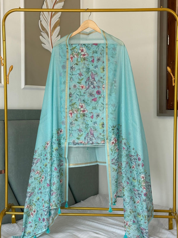 Kota Doria Digital Print 3pc Unstitched Salwar Suit with Kota Doria Digital Print Dupatta - Leheriya
