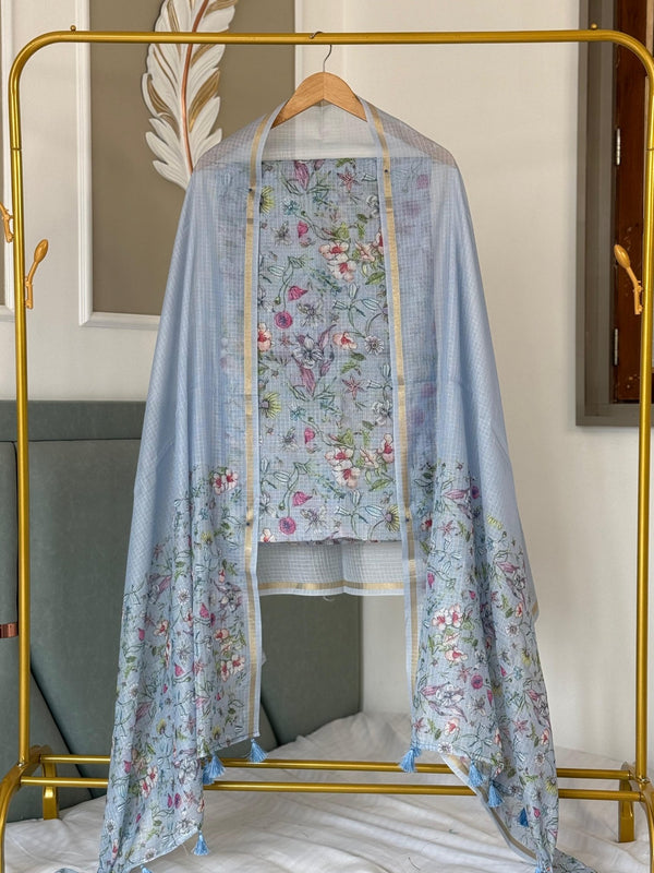 Kota Doria Digital Print 3pc Unstitched Salwar Suit with Kota Doria Digital Print Dupatta - Leheriya