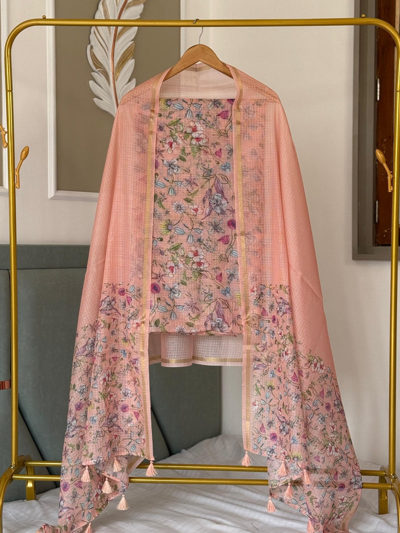 Kota Doria Digital Print 3pc Unstitched Salwar Suit with Kota Doria Digital Print Dupatta - Leheriya