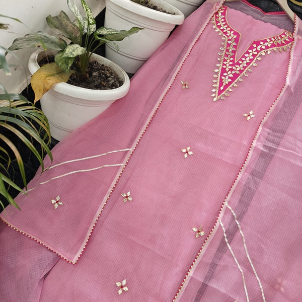 Kota Doria Embroidered 3 pc Salwar Suit with Colorful Gota Patti Work - Leheriya