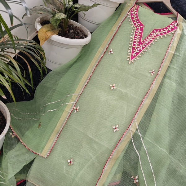 Kota Doria Embroidered 3 pc Salwar Suit with Colorful Gota Patti Work - Leheriya