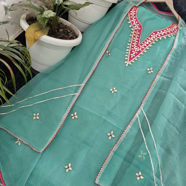 Kota Doria Embroidered 3 pc Salwar Suit with Colorful Gota Patti Work - Leheriya