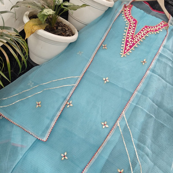 Kota Doria Embroidered 3 pc Salwar Suit with Colorful Gota Patti Work - Leheriya