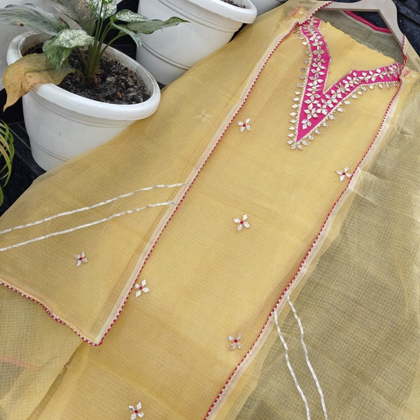 Kota Doria Embroidered 3 pc Salwar Suit with Colorful Gota Patti Work - Leheriya