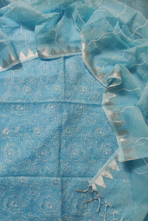 Kota Doria Embroidered Salwar Suit with Temple Border Dupatta - Leheriya