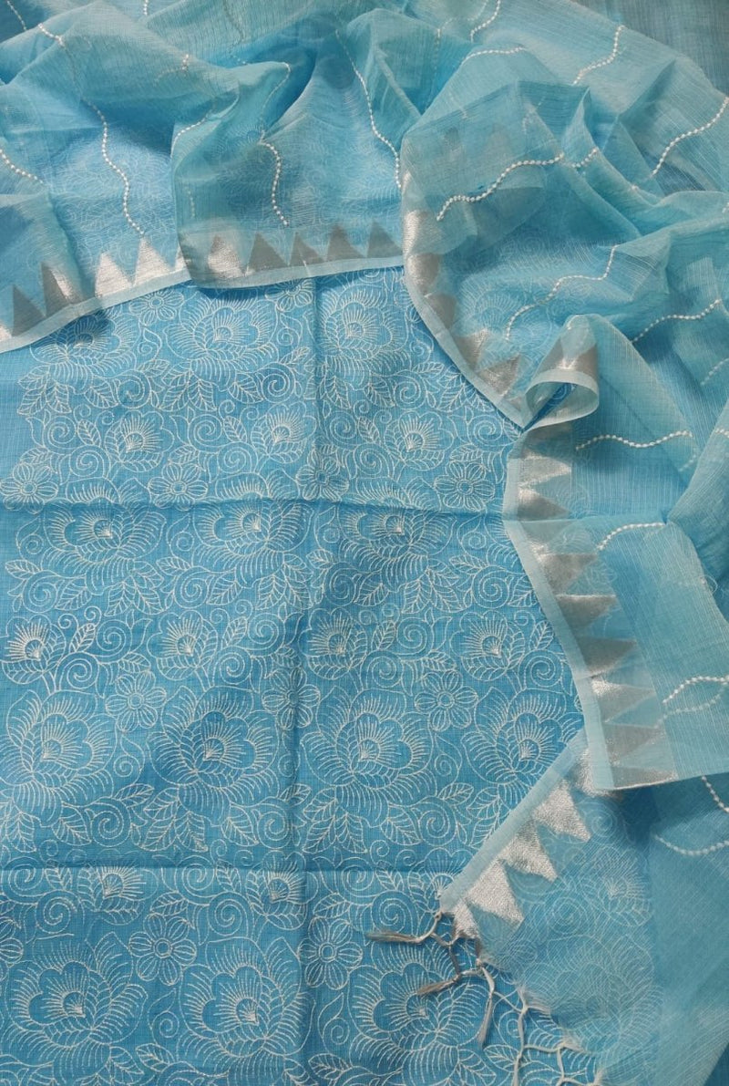 Kota Doria Embroidered Salwar Suit with Temple Border Dupatta - Leheriya
