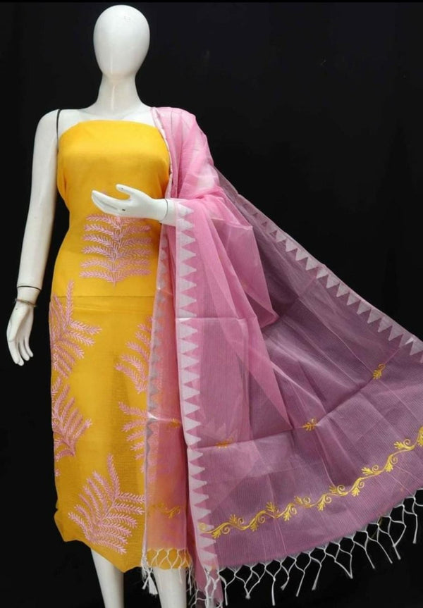 Kota Doria Embroidery Salwar Suit with Temple Border - Leheriya
