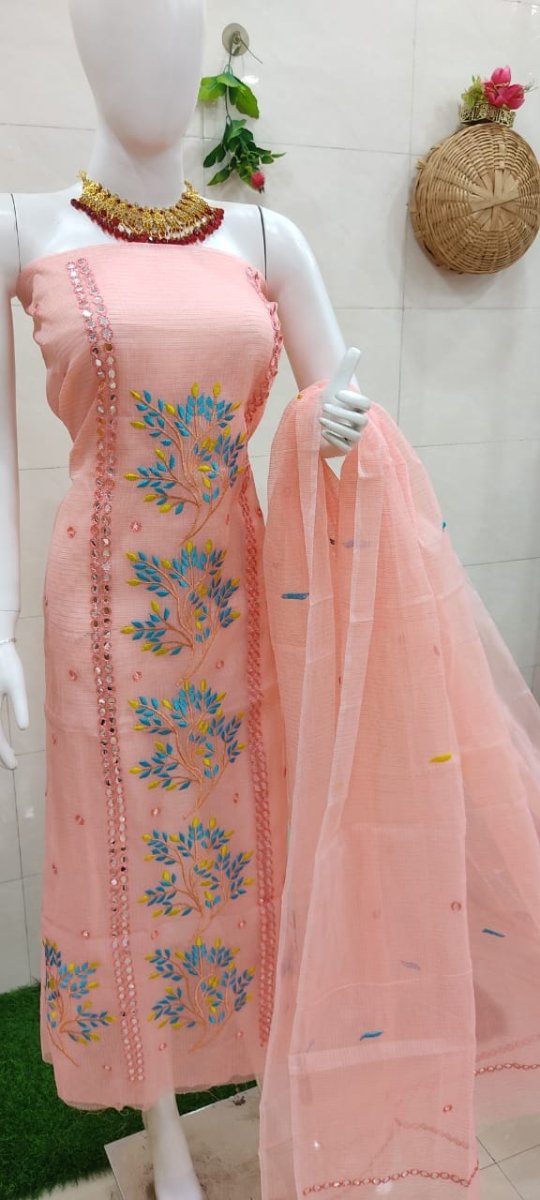 Kota Doria Embroidery Suit with Mirror Work - Leheriya