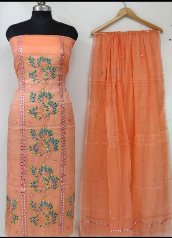 Kota Doria Embroidery Suit with Mirror Work - Leheriya