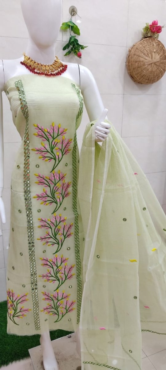 Kota Doria Embroidery Suit with Mirror Work - Leheriya