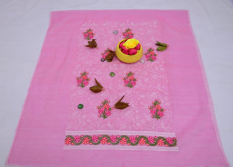 Kota Doria Embroidery Work Suit With Chicken Kari Bottom - Leheriya