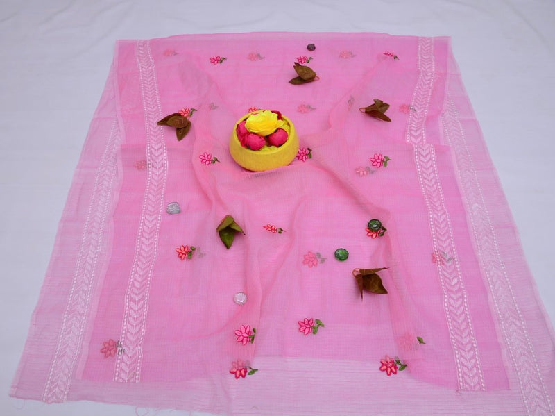 Kota Doria Embroidery Work Suit With Chicken Kari Bottom - Leheriya
