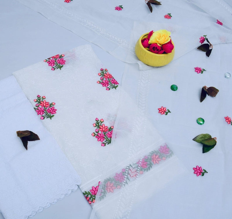 Kota Doria Embroidery Work Suit With Chicken Kari Bottom - Leheriya