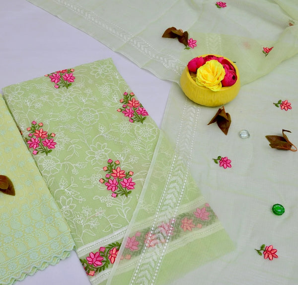 Kota Doria Embroidery Work Suit With Chicken Kari Bottom - Leheriya
