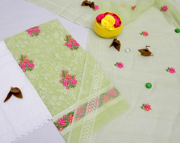 Kota Doria Embroidery Work Suit With Chicken Kari Bottom - Leheriya