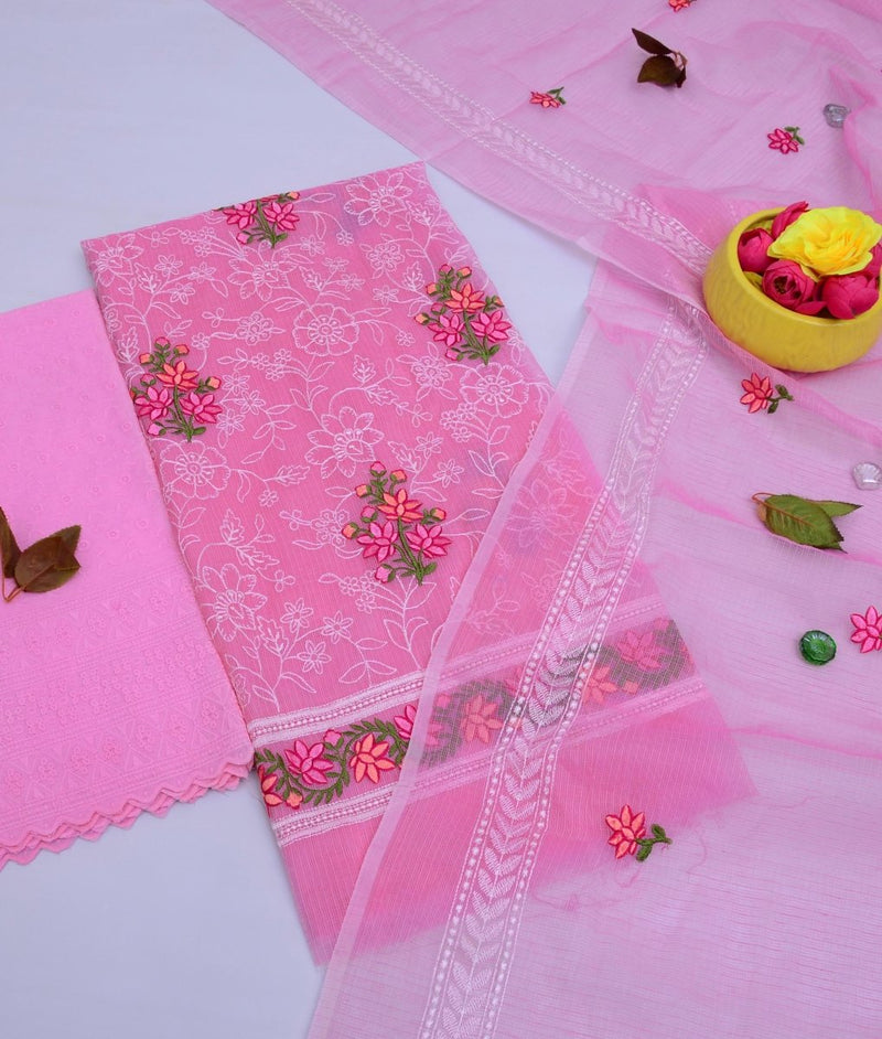 Kota Doria Embroidery Work Suit With Chicken Kari Bottom - Leheriya