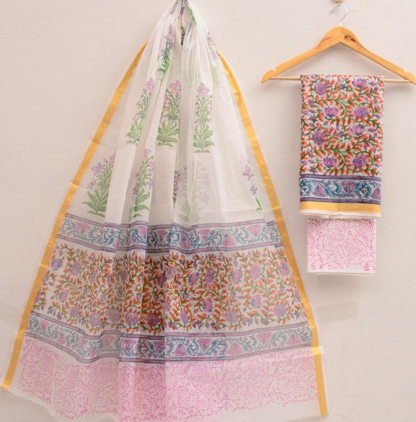 Kota Doria Hand Block Print Salwar Suit - Leheriya