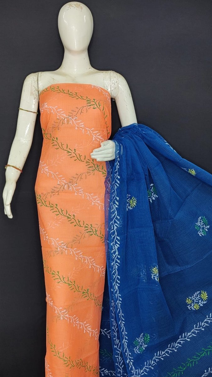 Kota Doria Hand Block Printed Suit with Contrast Dupatta - Leheriya